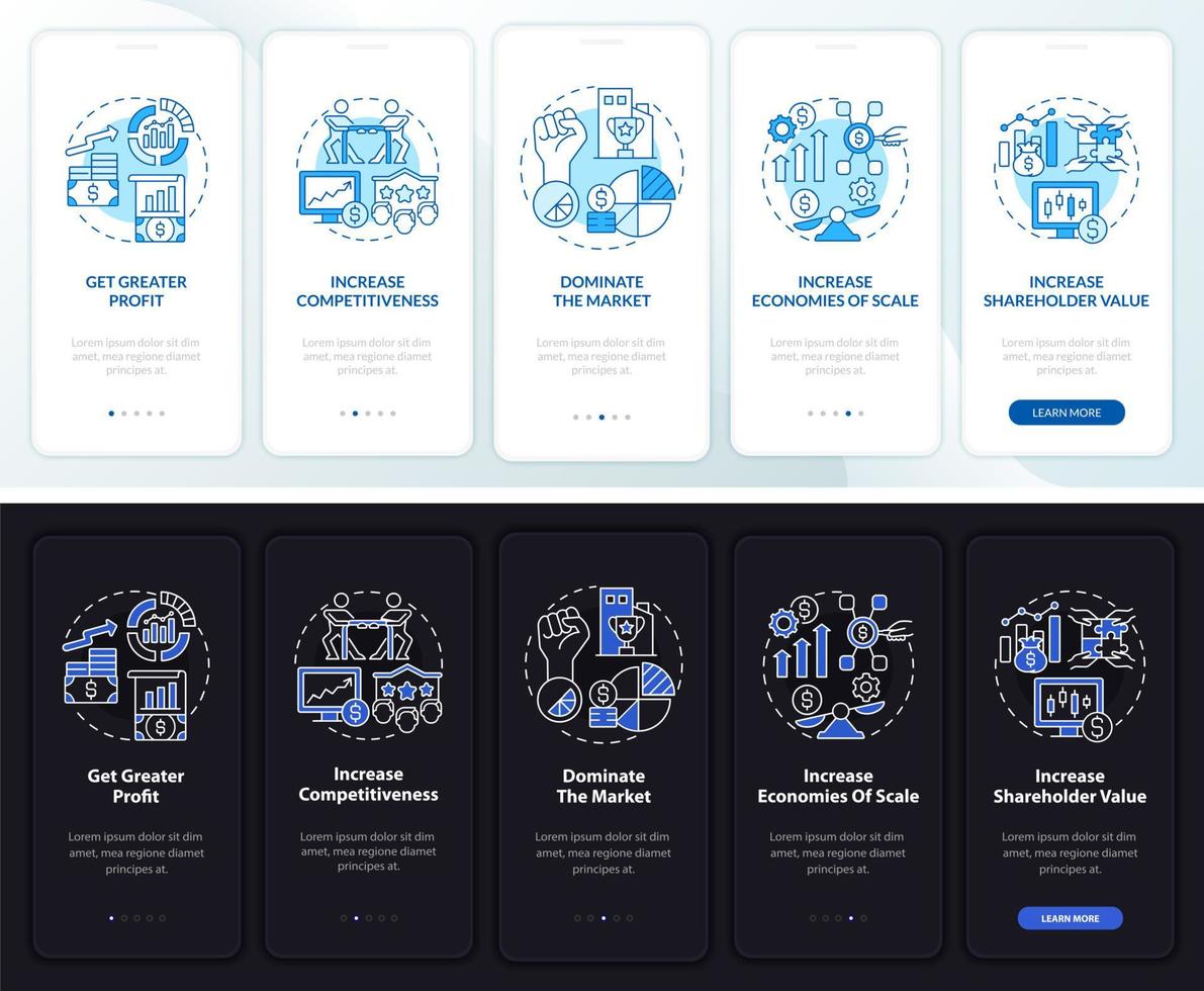 importance de l'écran de page de l'application mobile d'intégration sombre et clair de l'expansion. instructions graphiques en 5 étapes avec concepts. modèle vectoriel ui, ux, gui avec illustrations linéaires en mode nuit et jour