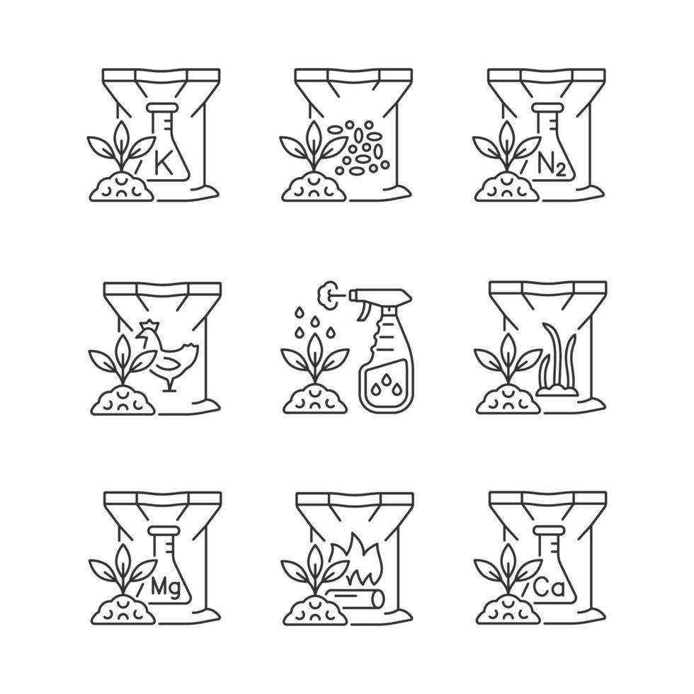 ensemble d'icônes linéaires d'engrais granulaires. suppléments secs pour le sol. les plantes poussent et prospèrent de plus en plus. symboles de contour de ligne fine personnalisables. illustrations vectorielles isolées. trait modifiable vecteur