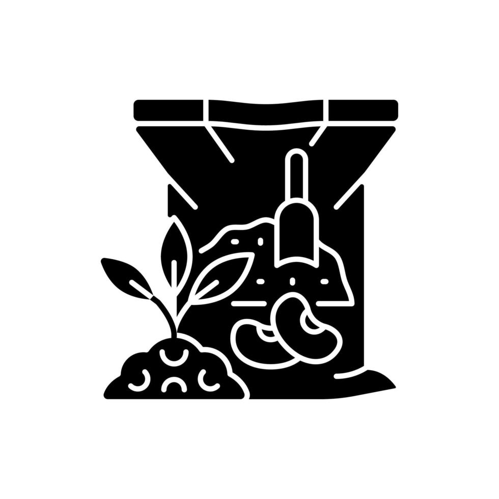icône de glyphe noir de tourteau de soja. supplément organique. riche en phosphore, calcium. additif en poudre pour sol. protéines, minéraux. symbole de la silhouette sur l'espace blanc. illustration vectorielle isolée vecteur