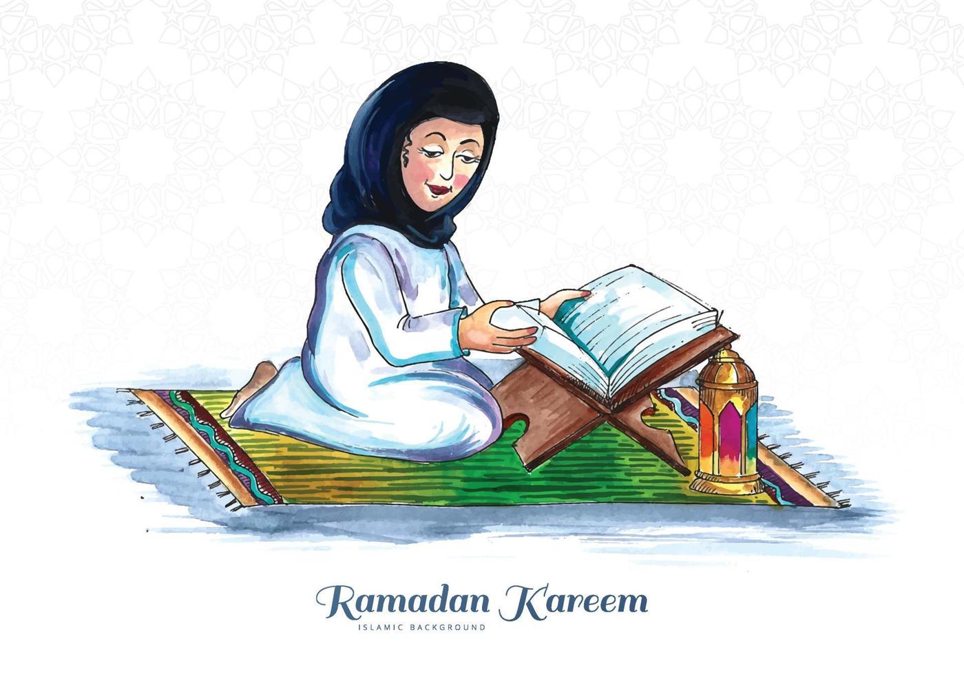 femme musulmane lisant le livre sacré islamique du coran après avoir prié le fond vecteur
