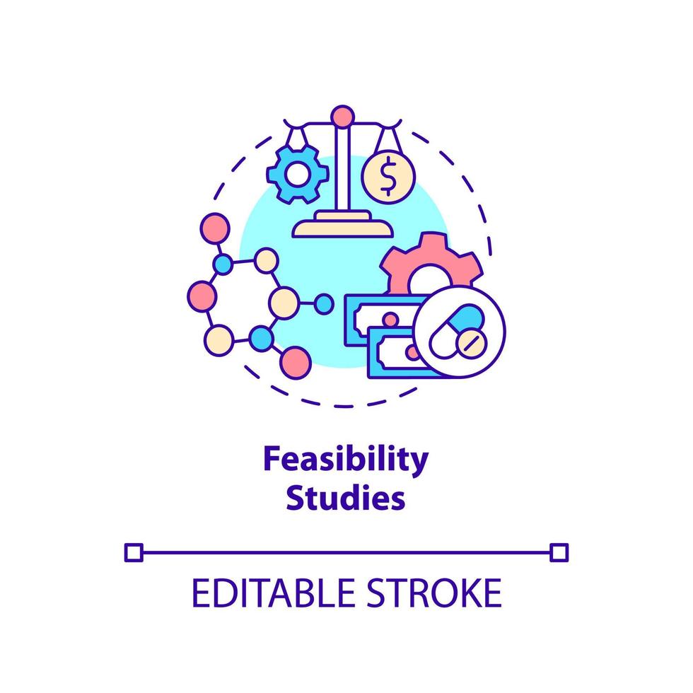 icône de concept d'études de faisabilité. analyse des informations. type d'illustration de ligne mince d'idée abstraite d'essais cliniques. dessin de contour isolé. trait modifiable. arial, myriade de polices pro-gras utilisées vecteur