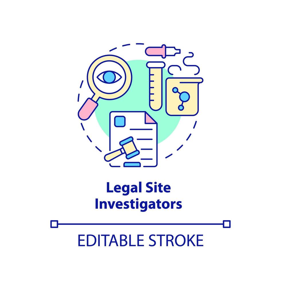 icône de concept d'enquêteurs de site juridique. test médical. sécurité des essais cliniques idée abstraite illustration en ligne mince. dessin de contour isolé. trait modifiable. arial, myriade de polices pro-gras utilisées vecteur