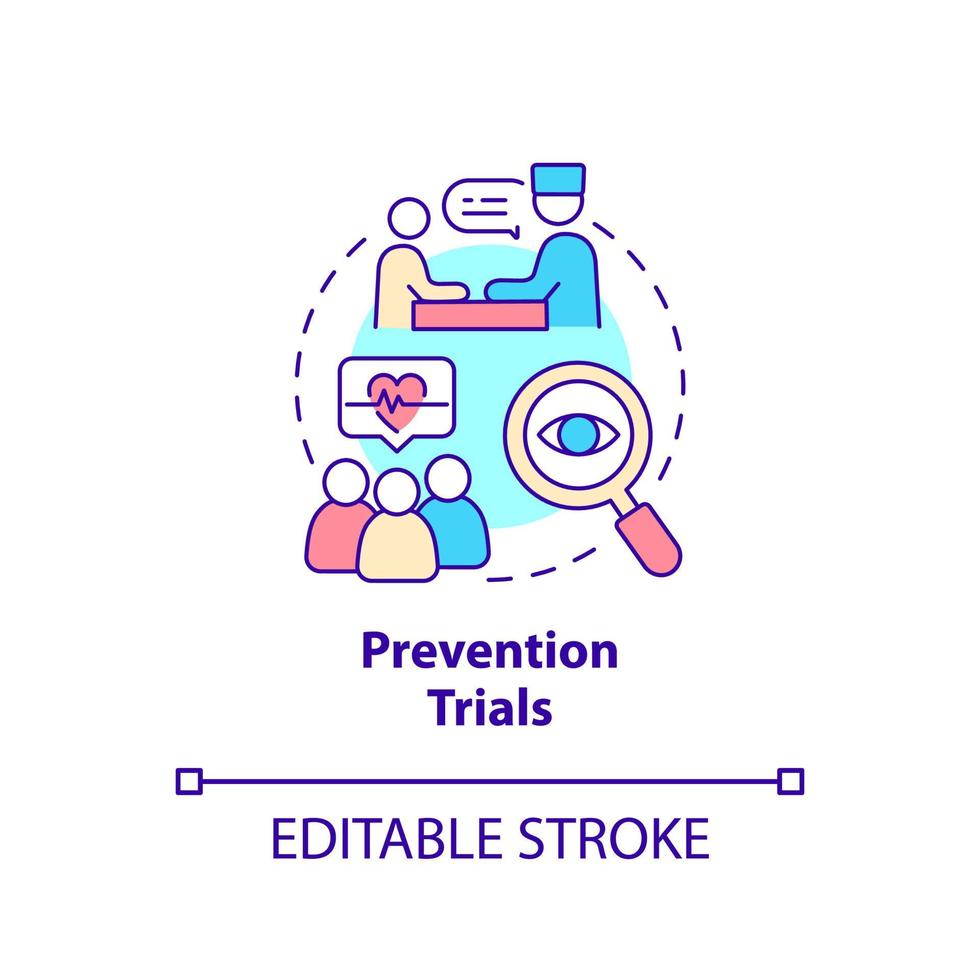 icône de concept d'essais de prévention. la science médicale. type d'études cliniques idée abstraite illustration en ligne mince. dessin de contour isolé. trait modifiable. arial, myriade de polices pro-gras utilisées vecteur
