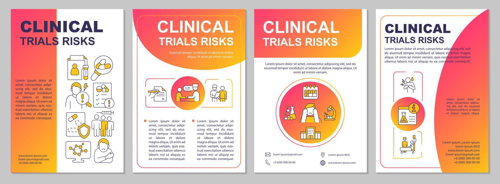 modèle de brochure sur les risques d'essais cliniques en dégradé rouge. Effets secondaires. conception de dépliant avec des icônes linéaires. 4 mises en page vectorielles pour la présentation, les rapports annuels. arial, une myriade de polices pro-régulières utilisées vecteur