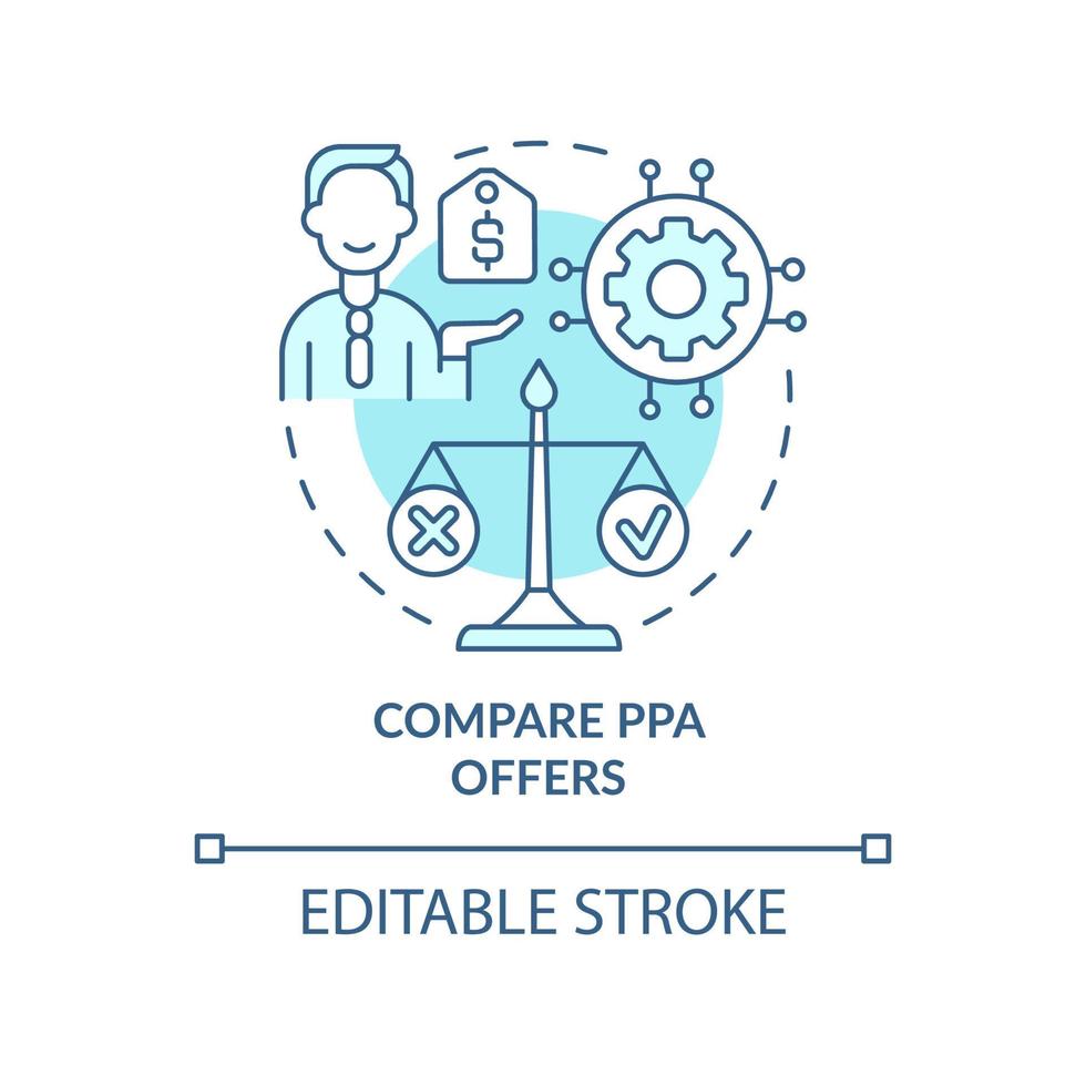 comparer les offres ppa icône de concept turquoise. travail de contrat d'achat d'énergie idée abstraite illustration de ligne mince. dessin de contour isolé. trait modifiable. arial, myriade de polices pro-gras utilisées vecteur