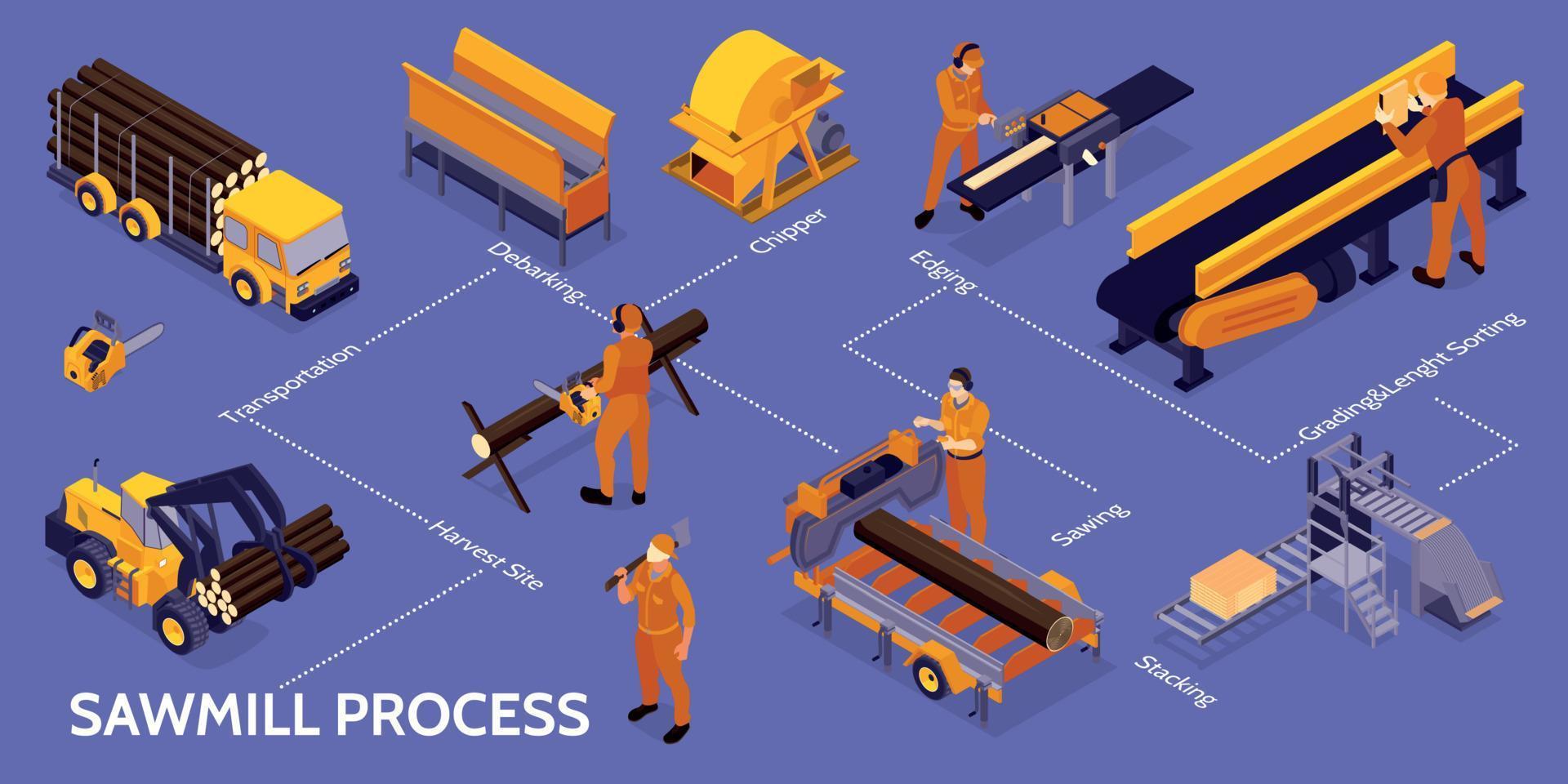 infographie de bûcheron de scierie isométrique vecteur