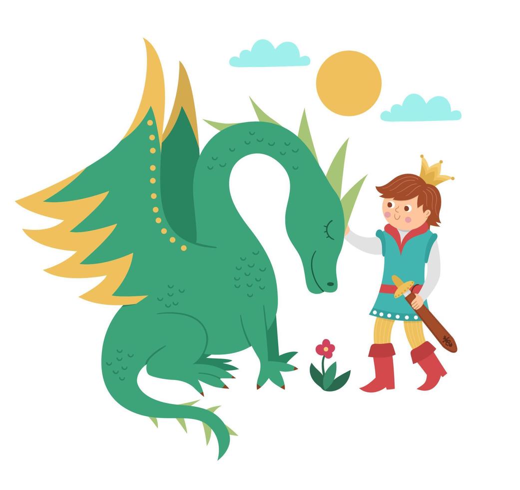 prince de conte de fées avec dragon isolé sur fond blanc. vecteur fantaisie jeune monarque en couronne avec créature magique. personnages de contes de fées médiévaux. icône souverain magique de dessin animé