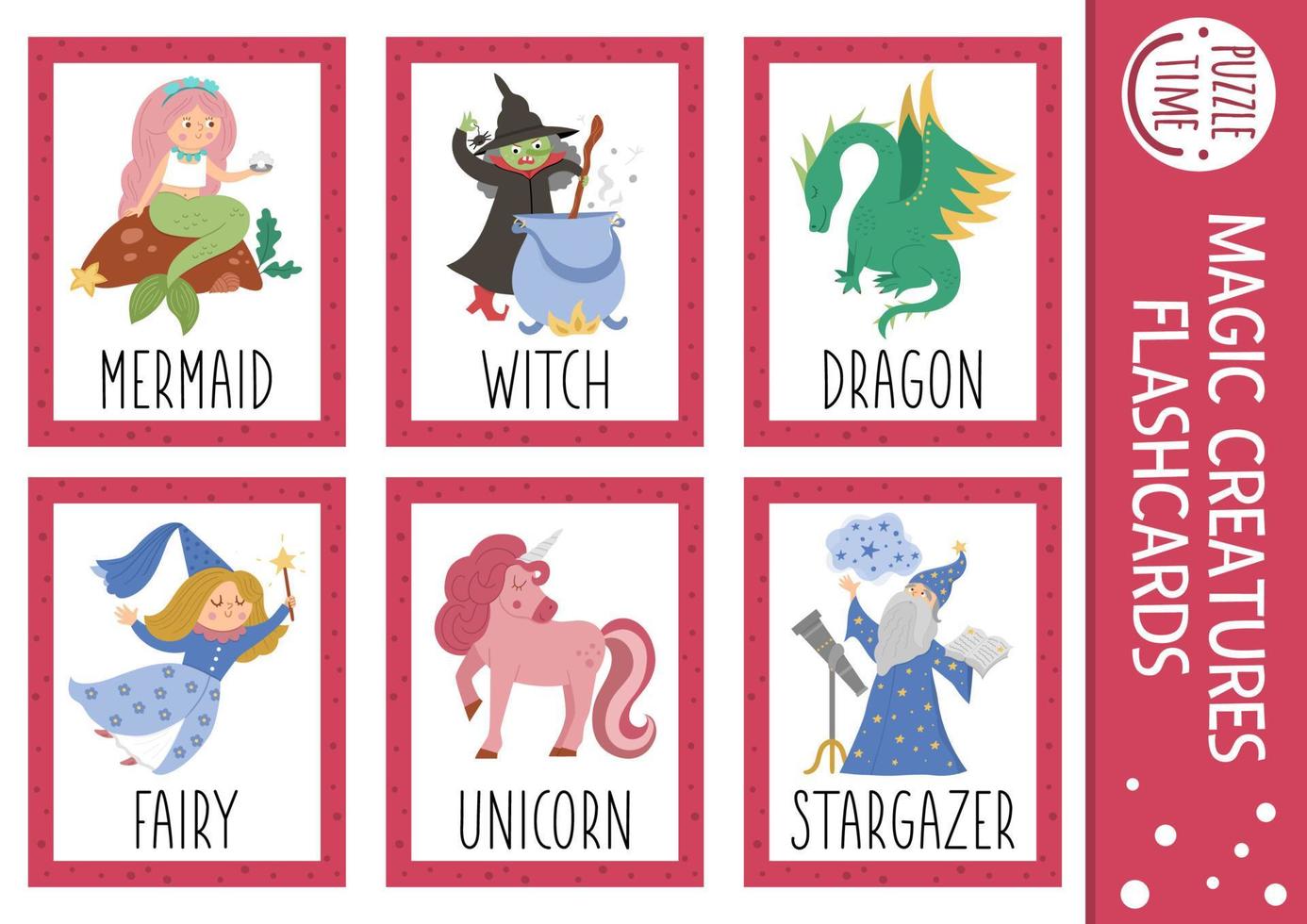 jeu de cartes flash de conte de fées de vecteur. jeu de langue anglaise avec dragon mignon, sirène, licorne pour les enfants. cartes flash de créatures fantastiques avec des personnages fantastiques. feuille de travail imprimable éducative simple. vecteur