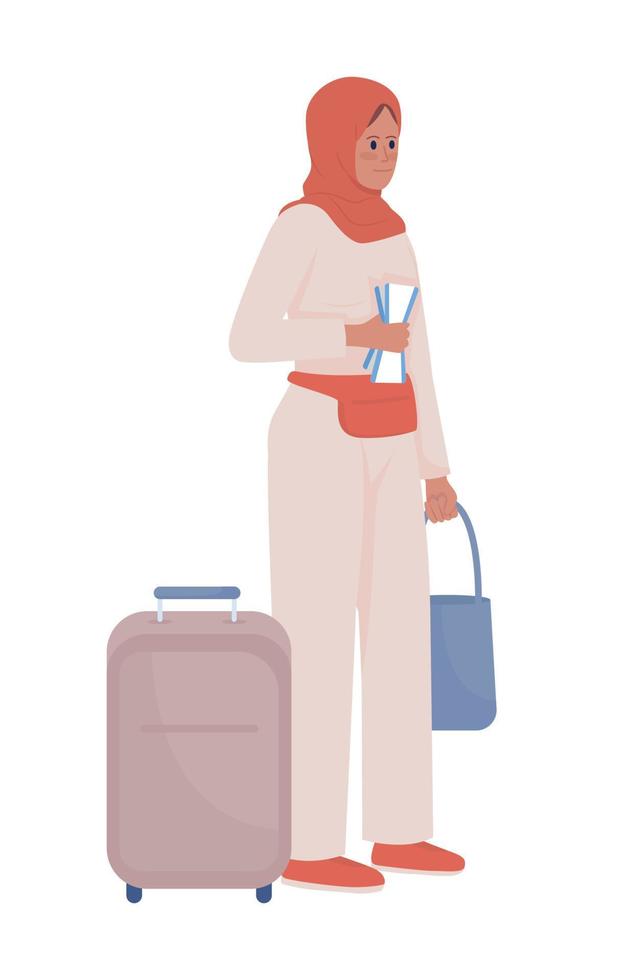 jolie jeune femme avec bagages et billet d'avion caractère vectoriel de couleur semi-plat