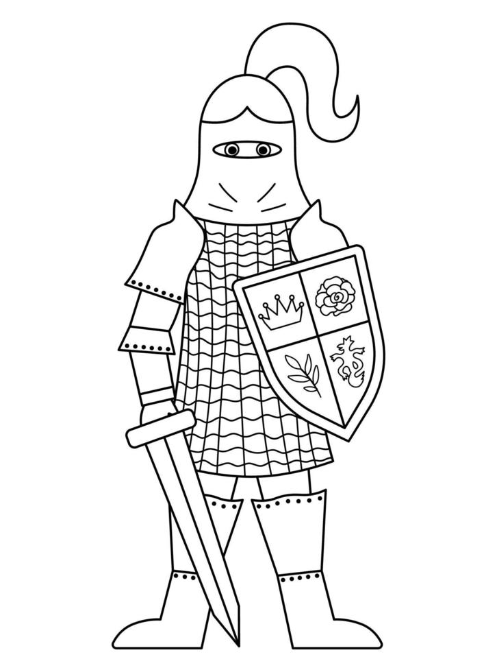 chevalier noir et blanc de conte de fées. guerrier blindé de ligne fantastique isolé sur fond blanc. soldat de conte de fées en casque avec épée, bouclier, cotte de mailles. icône de dessin animé ou page de coloriage avec arme. vecteur