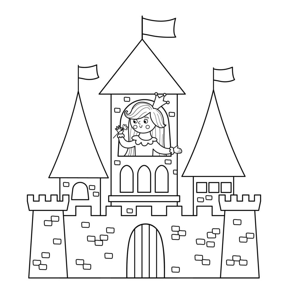château de vecteur noir et blanc avec icône princesse isolé sur fond blanc. palais en pierre de la ligne médiévale avec tours, drapeaux, portes. illustration ou coloriage de la maison du roi de conte de fées