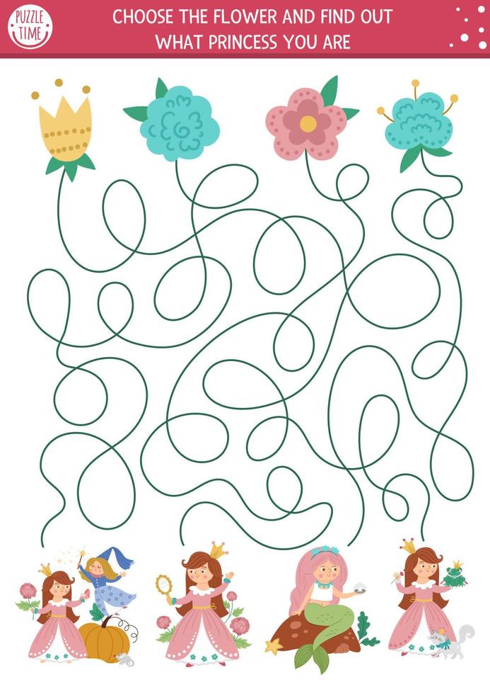 labyrinthe de conte de fées pour les enfants avec de jolies princesses et des fleurs. activité imprimable préscolaire du royaume magique avec cendrillon, la belle au bois dormant, la sirène. jeu ou puzzle de labyrinthe de conte de fées vecteur