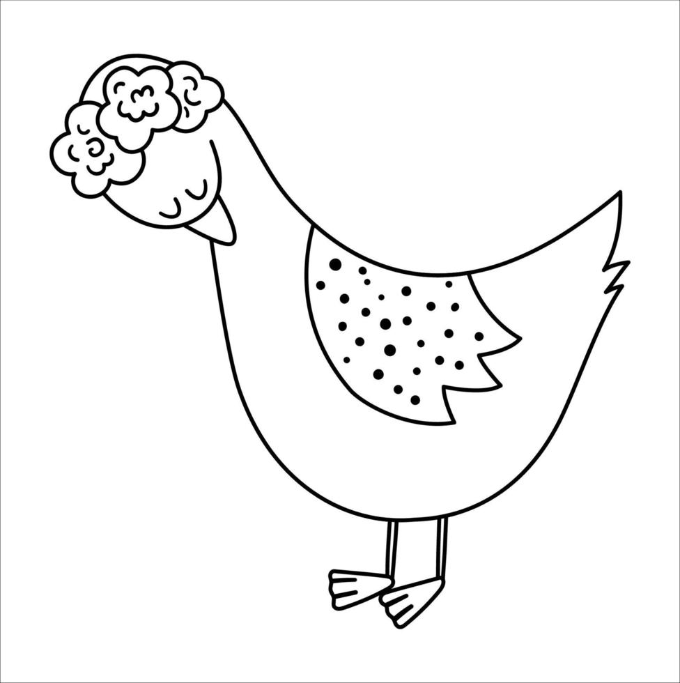 vecteur oie noir et blanc avec des fleurs sur la tête. icône de ligne d'oiseau boisé de style bohème mignon isolée sur fond blanc. illustration de forêt boho douce pour la conception de cartes ou d'impression.