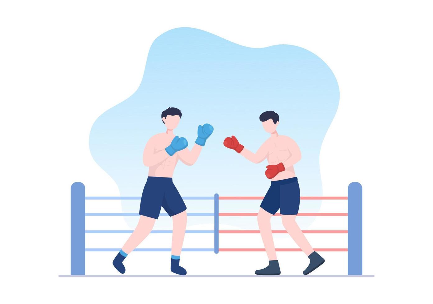 sport de boxe professionnel portant un boxeur, un anneau, une ceinture, des sacs de frappe, des gants rouges et un casque lors de la compétition, du combat ou de la pratique en illustration de dessin animé plat vecteur