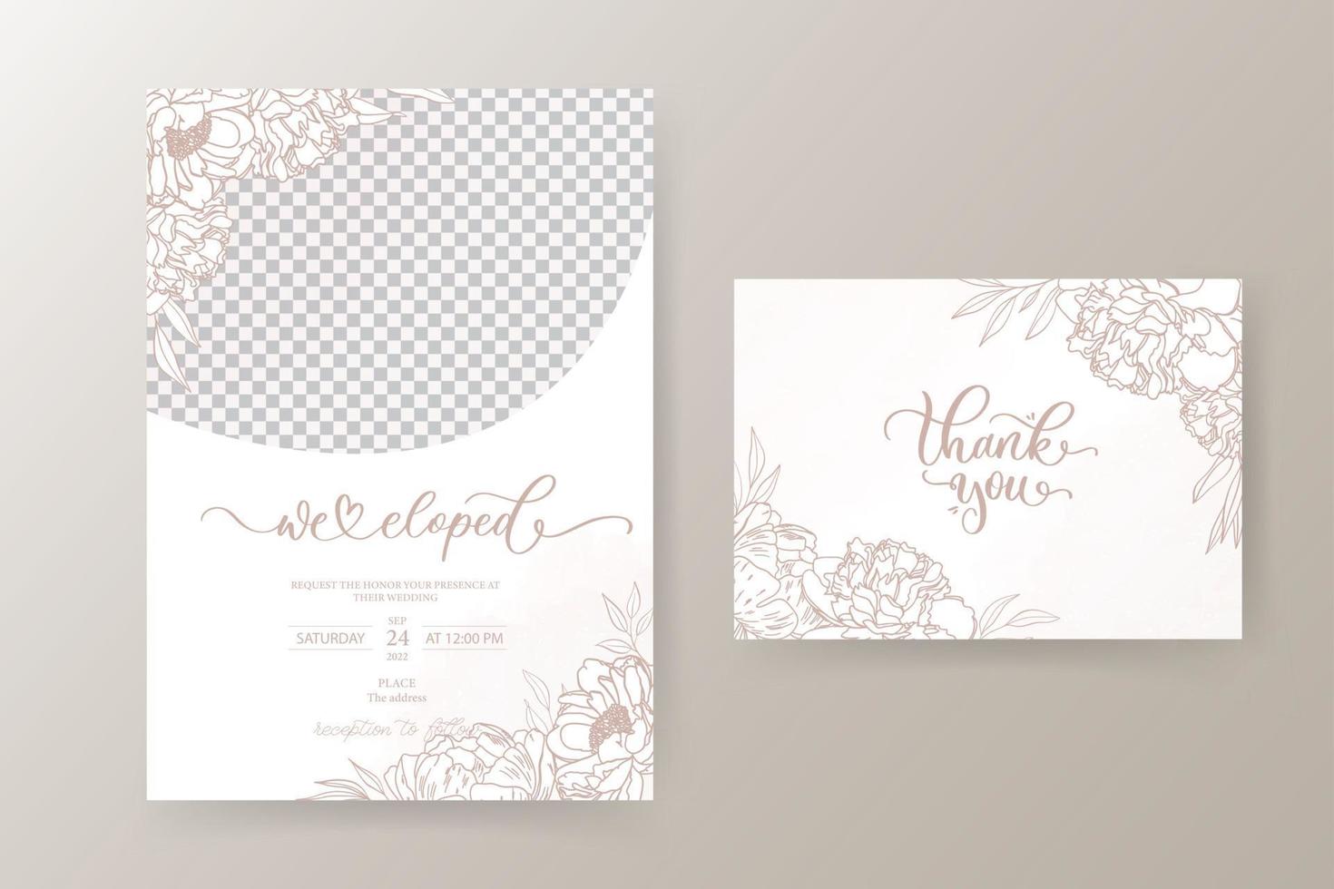 fleur et feuille élégantes en ligne sur le modèle de carte d'invitation de mariage avec plase pour le texte. vecteur