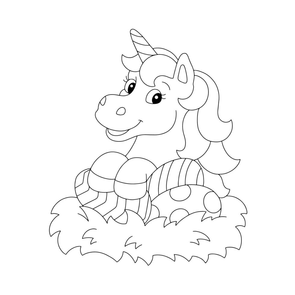 licorne mignonne et nid avec des oeufs de pâques. page de livre de coloriage pour les enfants. personnage de style dessin animé. illustration vectorielle isolée sur fond blanc. vecteur