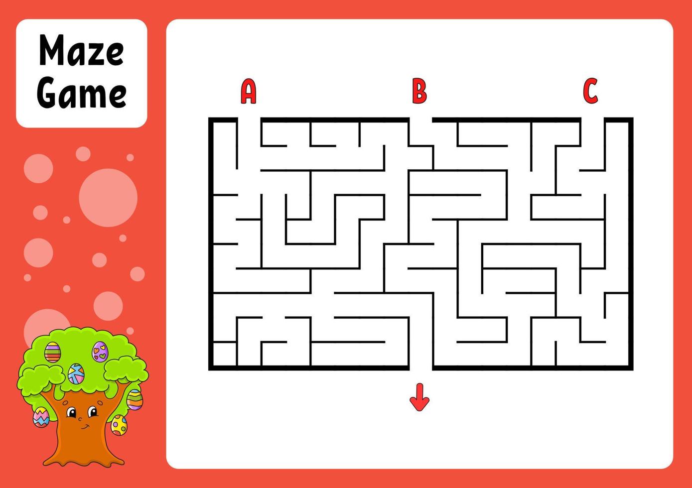 labyrinthe rectangulaire. jeu pour les enfants. trois entrées, une sortie. feuille de travail de l'éducation. casse-tête pour les enfants. énigme du labyrinthe. illustration vectorielle de couleur. trouver le bon chemin. thème de Pâques. vecteur