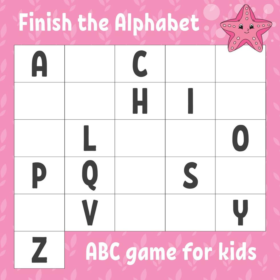 terminer l'alphabet. jeu abc pour les enfants. feuille de travail de développement de l'éducation. jeu d'apprentissage pour les enfants. page d'activité en couleur. vecteur