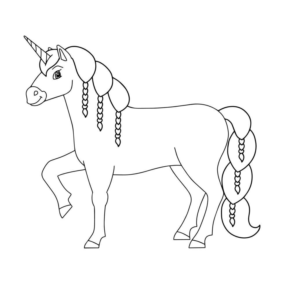 jolie licorne. cheval de fée magique. page de livre de coloriage pour les enfants. style de bande dessinée. illustration vectorielle isolée sur fond blanc. vecteur