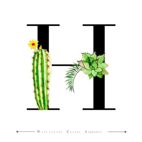 Lettre alphabet H avec aquarelle de cactus et feuilles vecteur