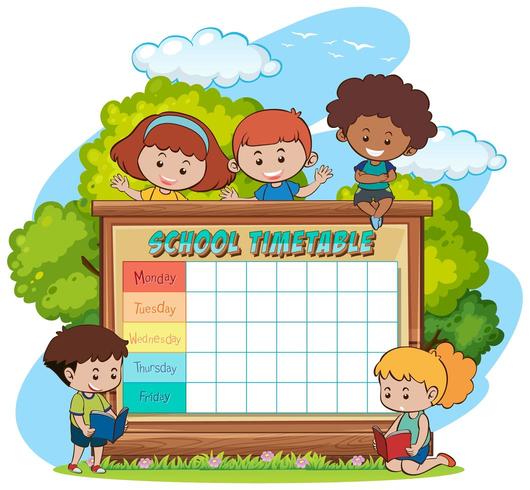 Modèle de calendrier scolaire avec enfants et thème en plein air vecteur