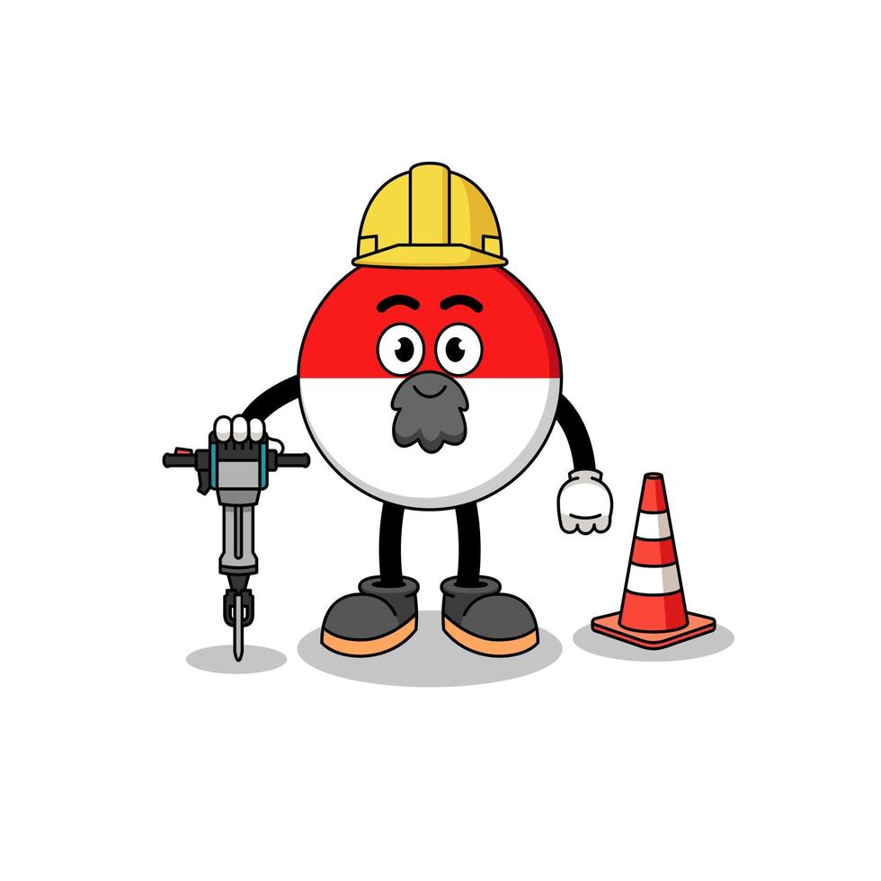 personnage de dessin animé du drapeau indonésien travaillant sur la construction de routes vecteur