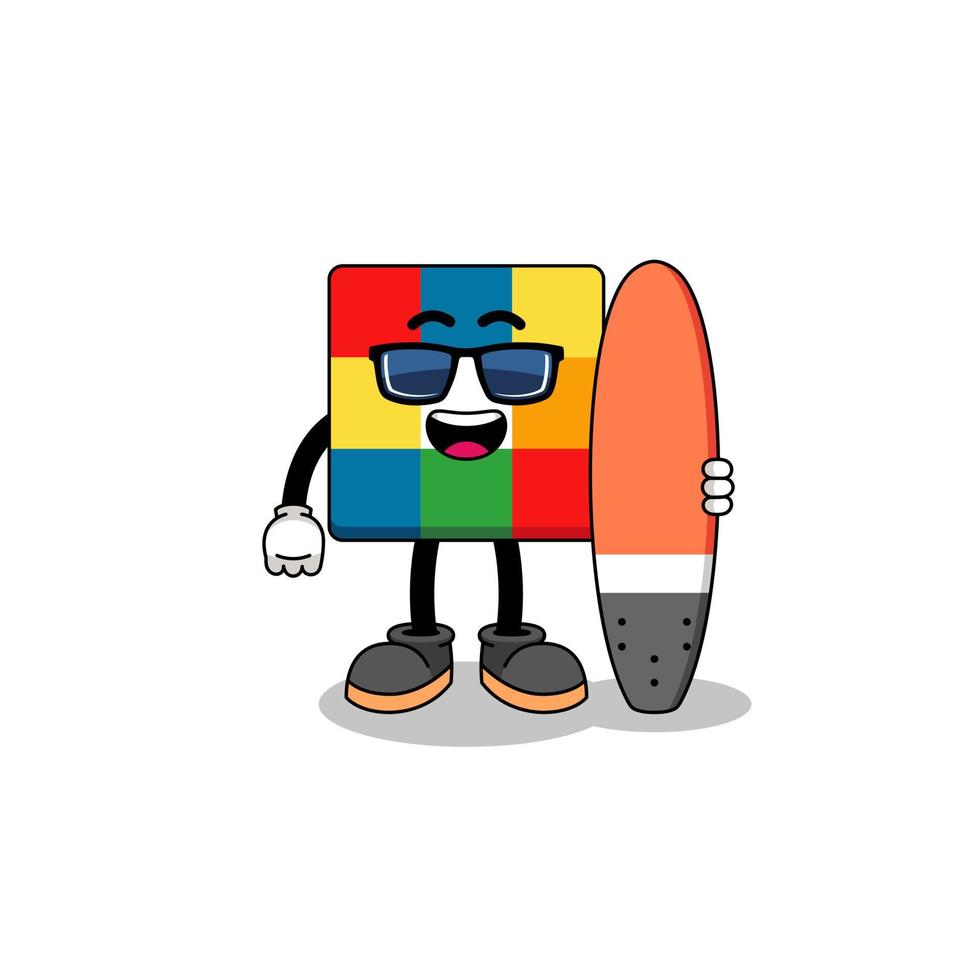 caricature de mascotte de puzzle de cube en tant que surfeur vecteur