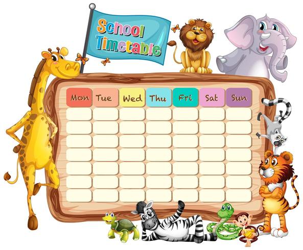 Modèle de calendrier scolaire avec animaux et drapeau vecteur