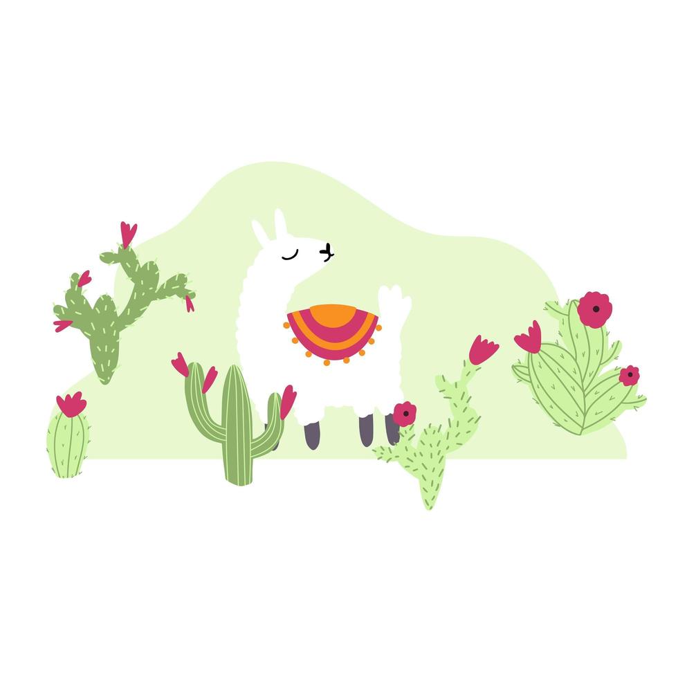 vecteur mignon lama avec cactus dans un style enfantin dessiné à la main de dessin animé. personnage animal drôle pour chambre d'enfant, vêtements pour bébés, design textile et produit, papier peint, papier d'emballage, carte, scrapbooking