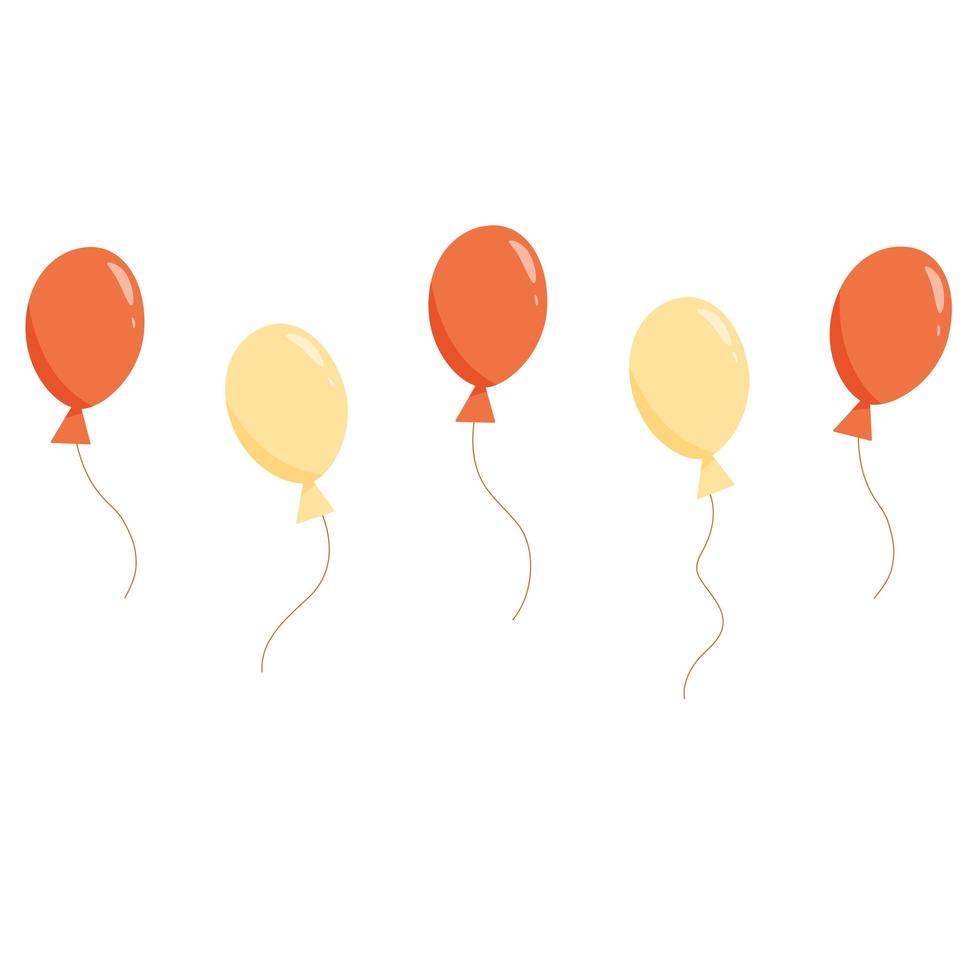ballons colorés de vecteur dans un style de dessin animé plat isolé sur fond blanc. ballons brillants rouges et jaunes à l'hélium pour la fête d'anniversaire, décoration de fête