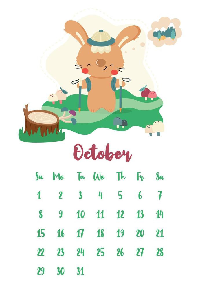 calendrier vectoriel vertical pour octobre 2023 avec un mignon dessin animé lapin voyageur randonnée dans les bois. l'année du lapin selon le calendrier chinois, symbole de 2023. la semaine commence le dimanche.