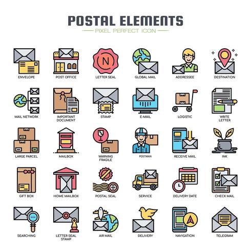 Éléments postaux Thin Line Icons de couleur vecteur