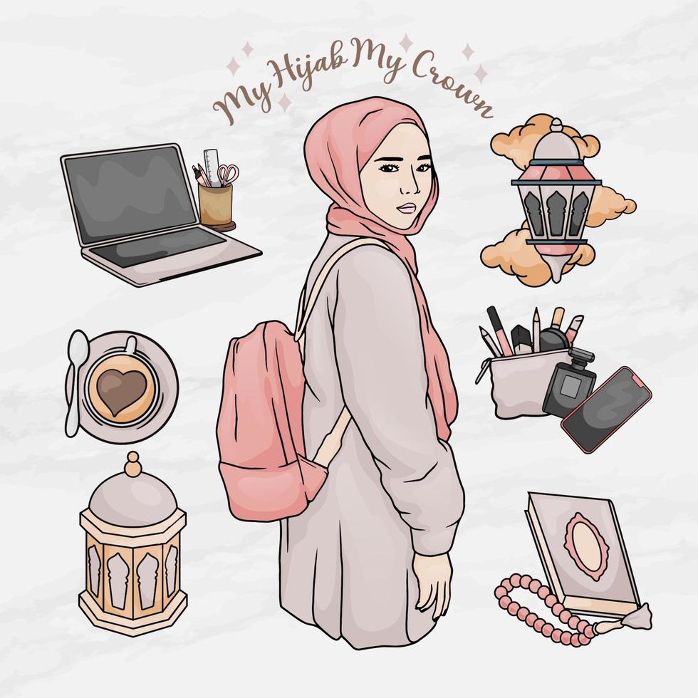 beauté femme hijab fille autocollant élément objets ensemble modèle vecteur
