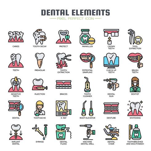 Dental Elements Thin Line Icons de couleur vecteur