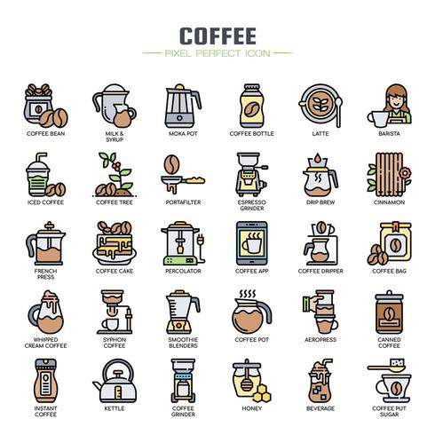 Cofee Elements Thin Line Icons de couleur vecteur