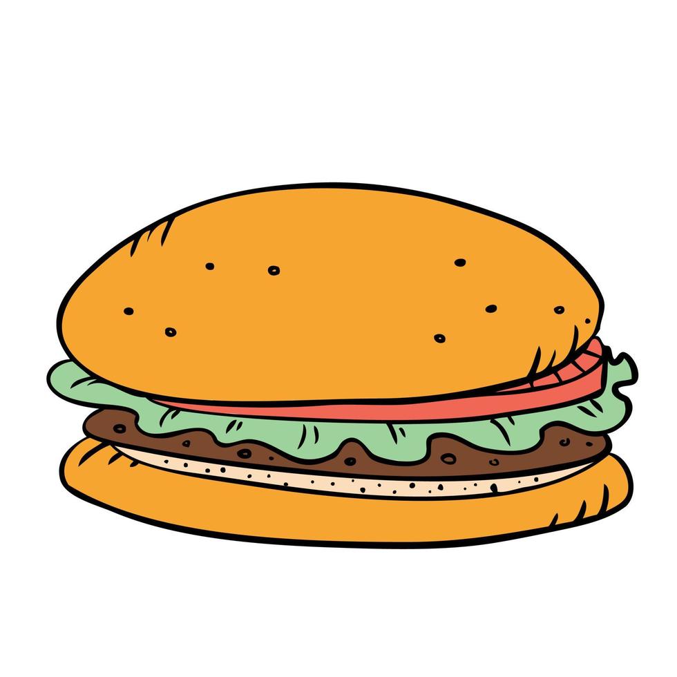 burger de restauration rapide avec escalope, pmidor et salade. illustration vectorielle dans un style doodle. vecteur