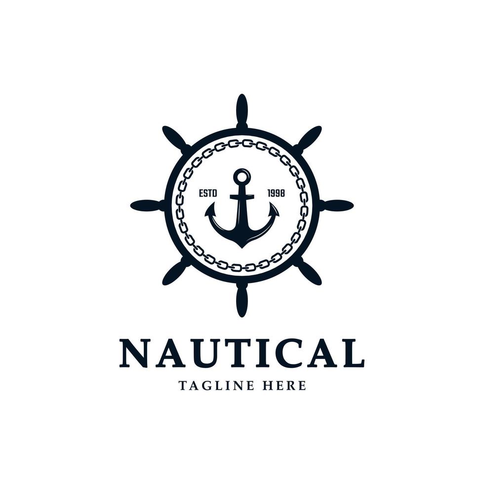 ancre vintage hipster rétro nautique avec roue de bateau et inspiration de conception de logo de chaîne circulaire vecteur