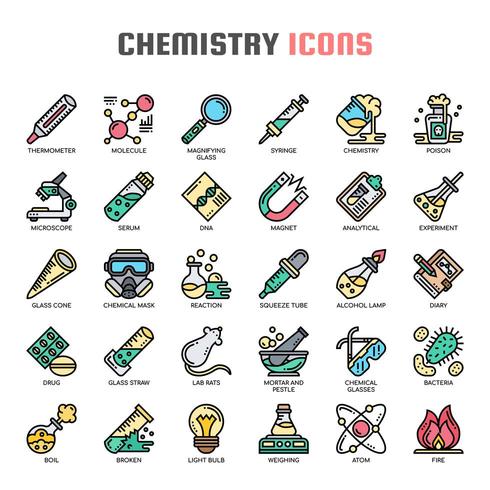 Chimie Thin Line Icônes de couleur vecteur