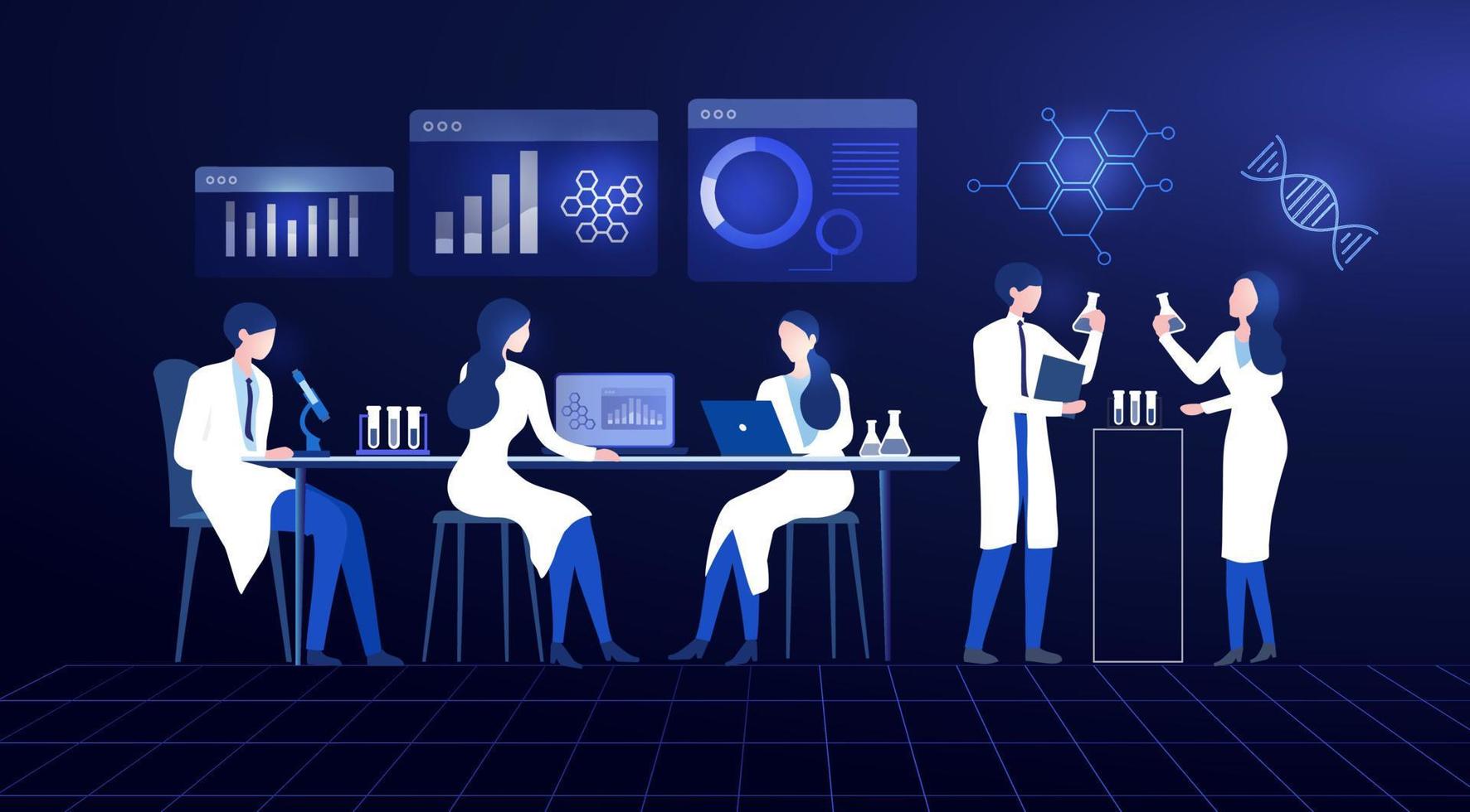 scientifiques professionnels, médecins et chercheurs en chimie travaillant et analysant en illustration vectorielle d'expérience de laboratoire. laboratoire médical, concept moléculaire de biologie expérimentale de recherche. vecteur