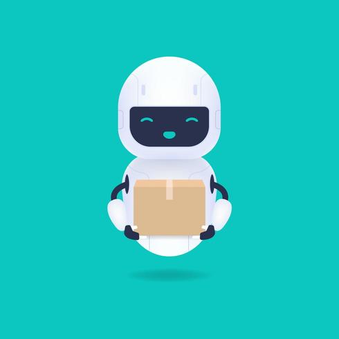 Blanc robot android amical tenant un colis vecteur