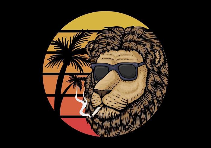 Lion fumant au coucher du soleil rétro vecteur