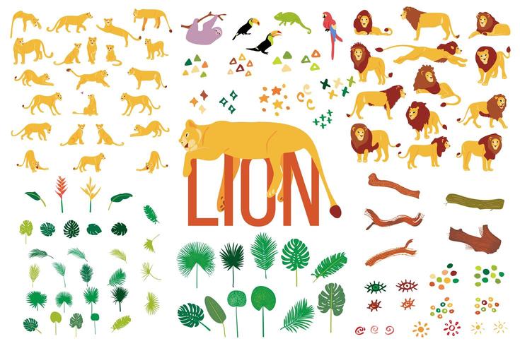 Main dessinée collection plate de Lions et de plantes tropicales isolés sur fond blanc. vecteur