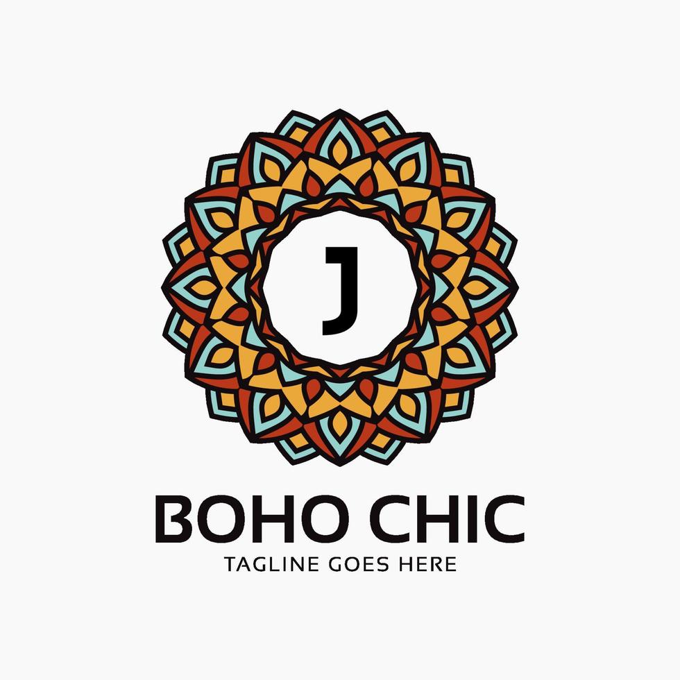 lettre j boho chic décoration ronde vintage couleur mandala élément de conception de logo vectoriel