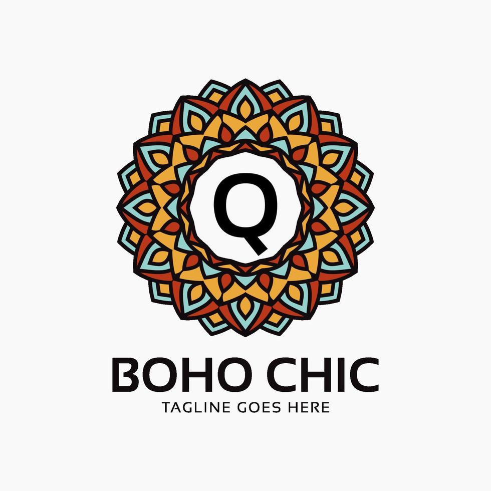 lettre q boho chic décoration ronde vintage couleur mandala élément de conception de logo vectoriel