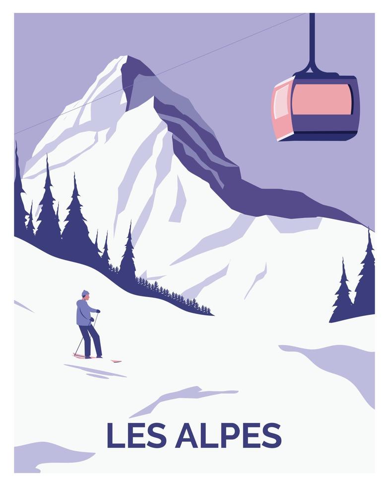 illustration vectorielle de fond d'hiver des alpes, adaptée à l'impression d'art, aux affiches de voyage, à la carte postale, aux bannières. vecteur