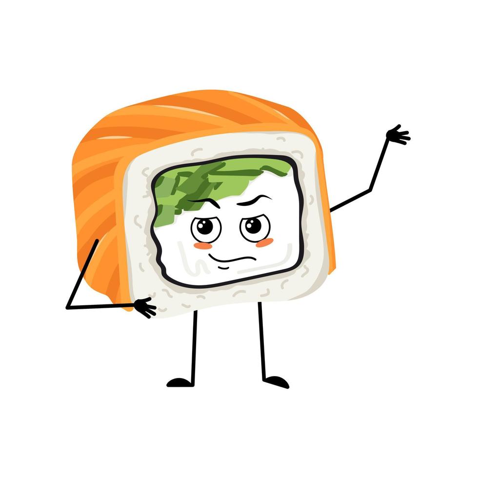 personnage de sushi avec des émotions de héros, de visage courageux, de bras et de jambe. personne avec expression de courage, émoticône de cuisine asiatique. illustration vectorielle plate vecteur