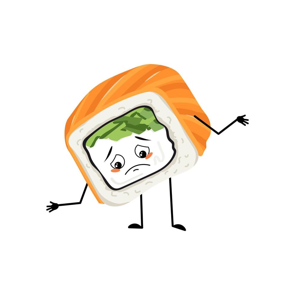 personnage de sushi avec des émotions tristes, un visage déprimé, des yeux baissés, des bras et des jambes. personne à l'expression mélancolique, émoticône de cuisine asiatique. illustration vectorielle plate vecteur