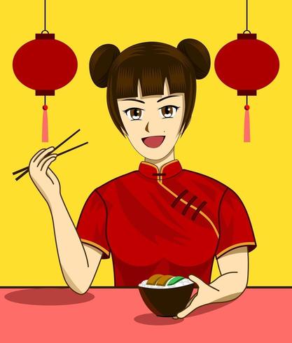 Les femmes chinoises mangent des plats végétariens pendant le festival végétarien vecteur