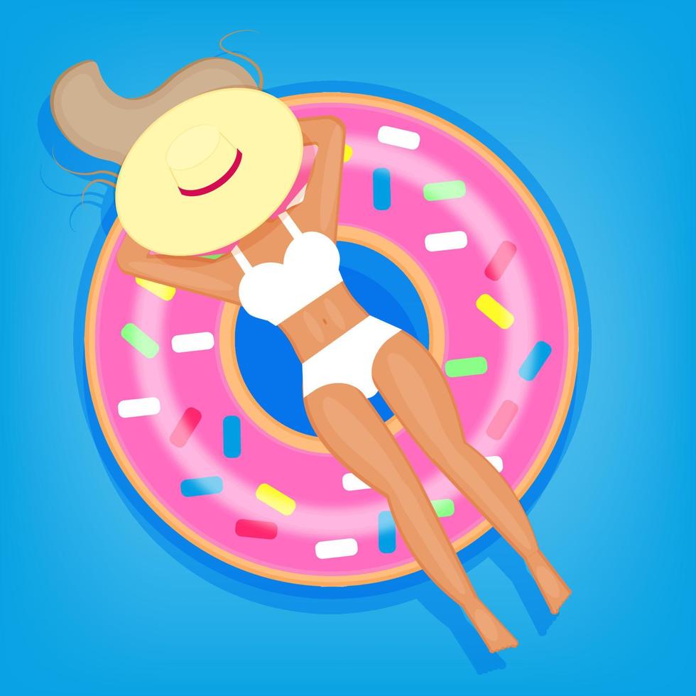 vacances au spa, femme se relaxant sur un anneau de beignet gonflable, une jeune fille au chapeau nage dans la piscine, voyages d'été et loisirs aquatiques, impression ou web. illustration vectorielle vecteur