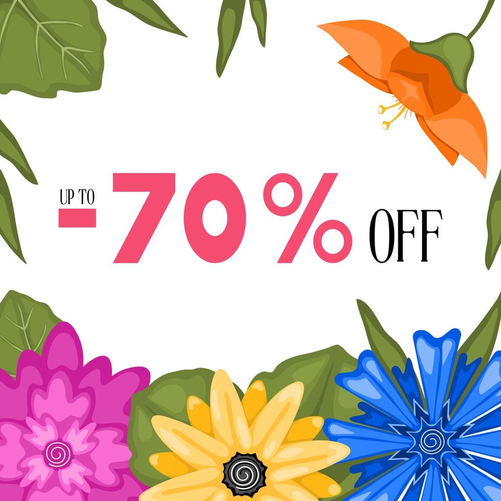 bannière de vente avec des fleurs colorées et 70% de réduction. peuvent être utilisés pour des publicités, des promotions, des sites Web, des magazines. illustration vectorielle. vecteur